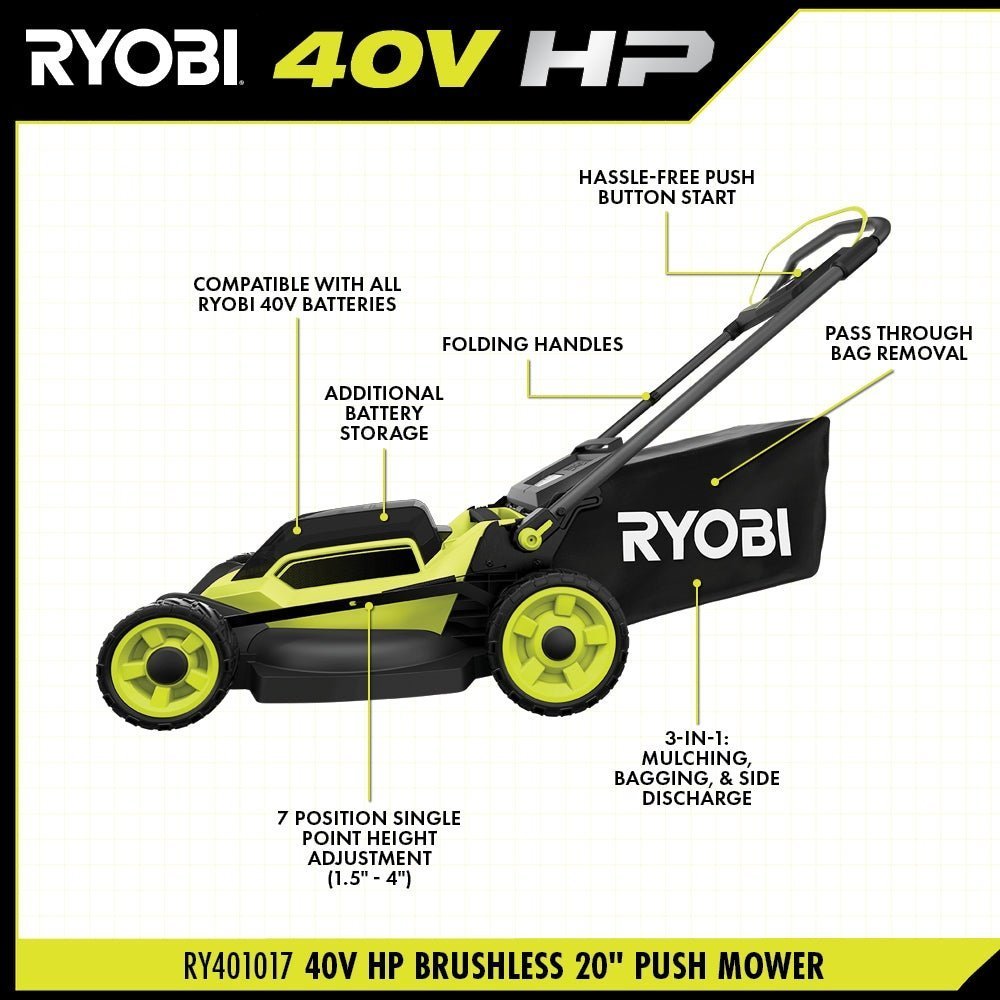 181 ryobi 40v hp brushless 20 in. cordless battery walk behind push mower with 6.0