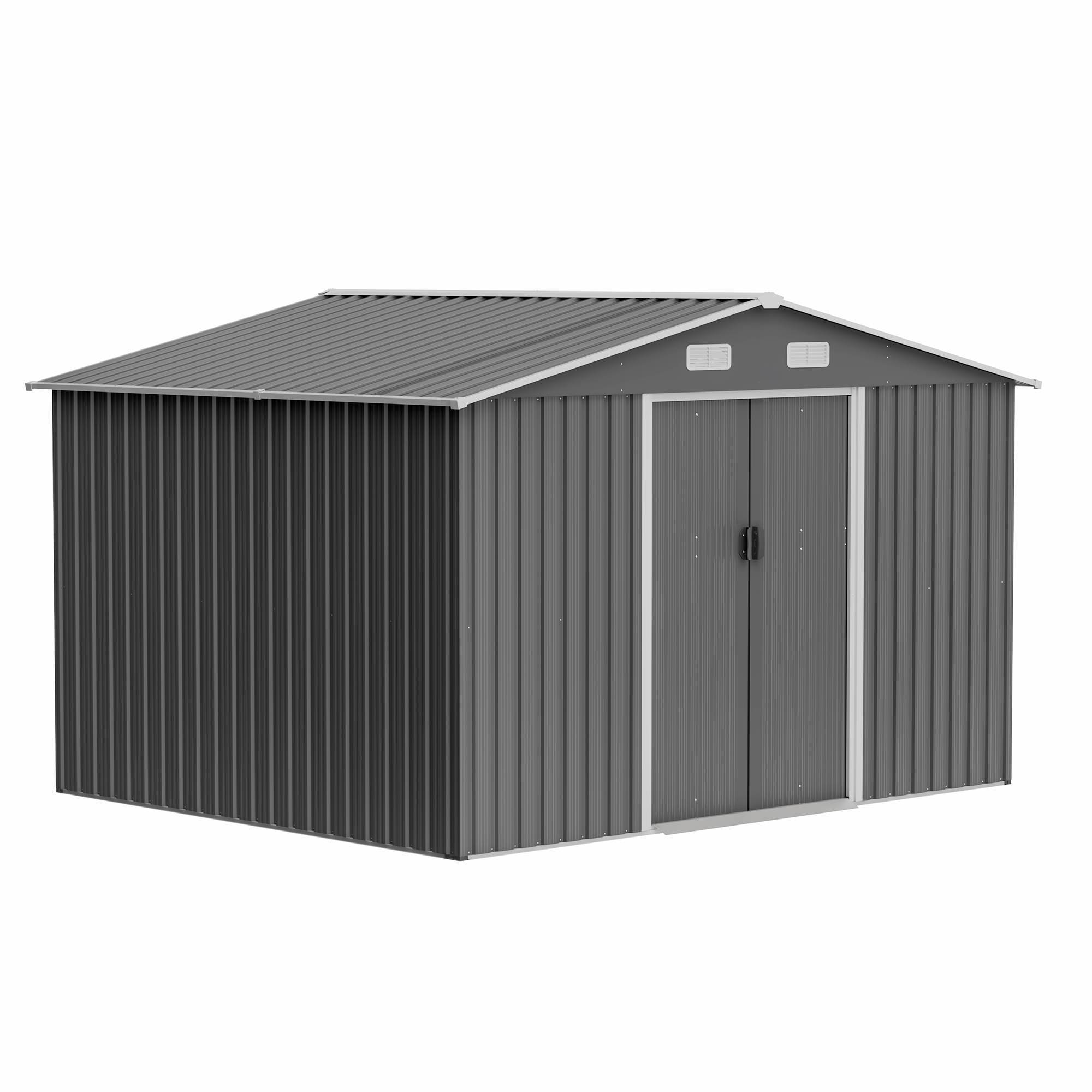 10x8 ft outdoor storage shed, metal foundation & lockable doors, tool shed for garden, patio, backyard, lawn, grey