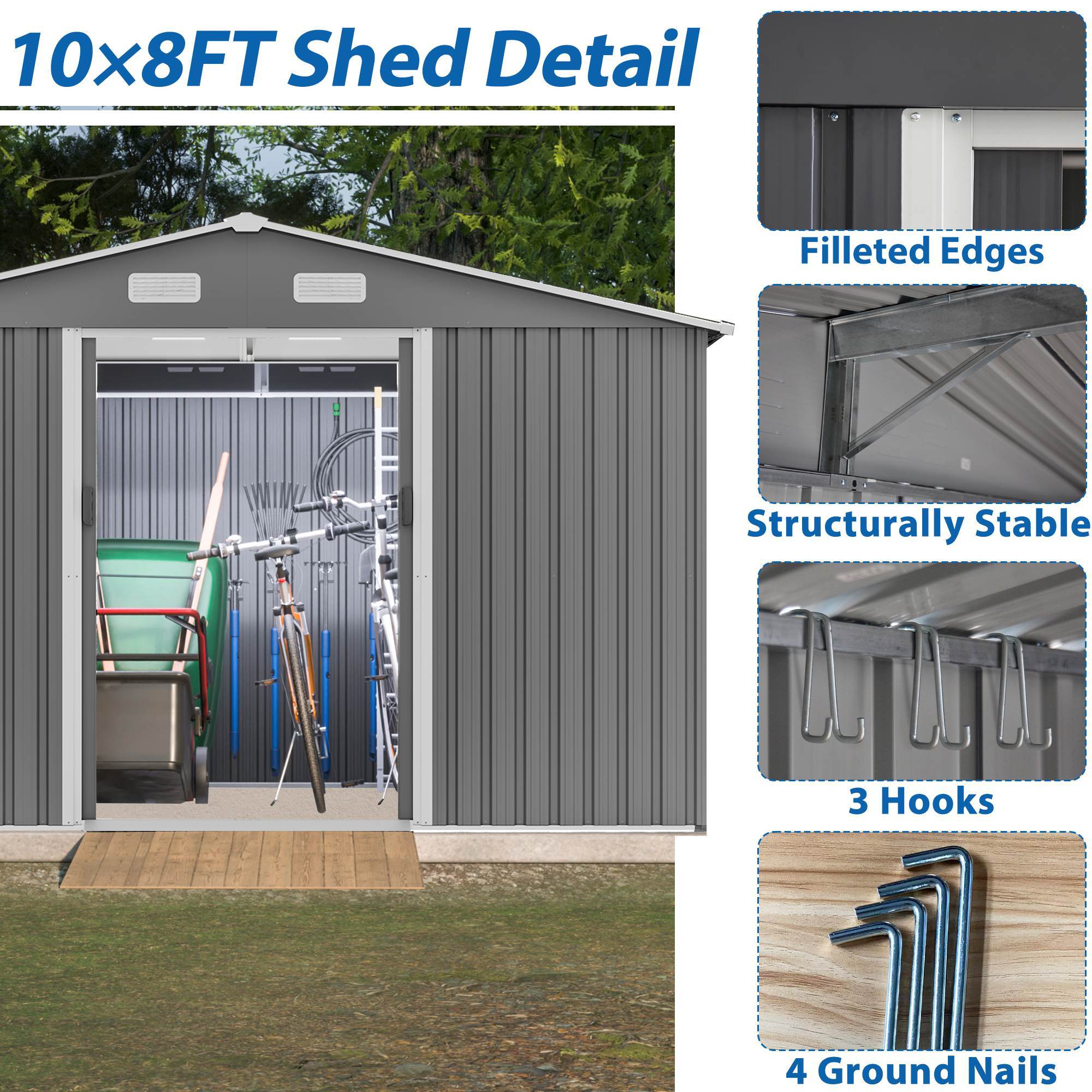 1911972759244902400 10x8 ft outdoor storage shed, metal foundation & lockable doors, tool shed for garden, patio, backyard, lawn, grey