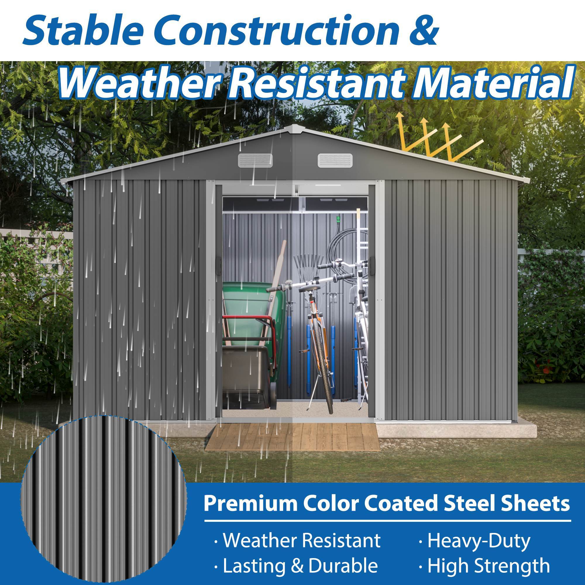 1911972760700325888 10x8 ft outdoor storage shed, metal foundation & lockable doors, tool shed for garden, patio, backyard, lawn, grey