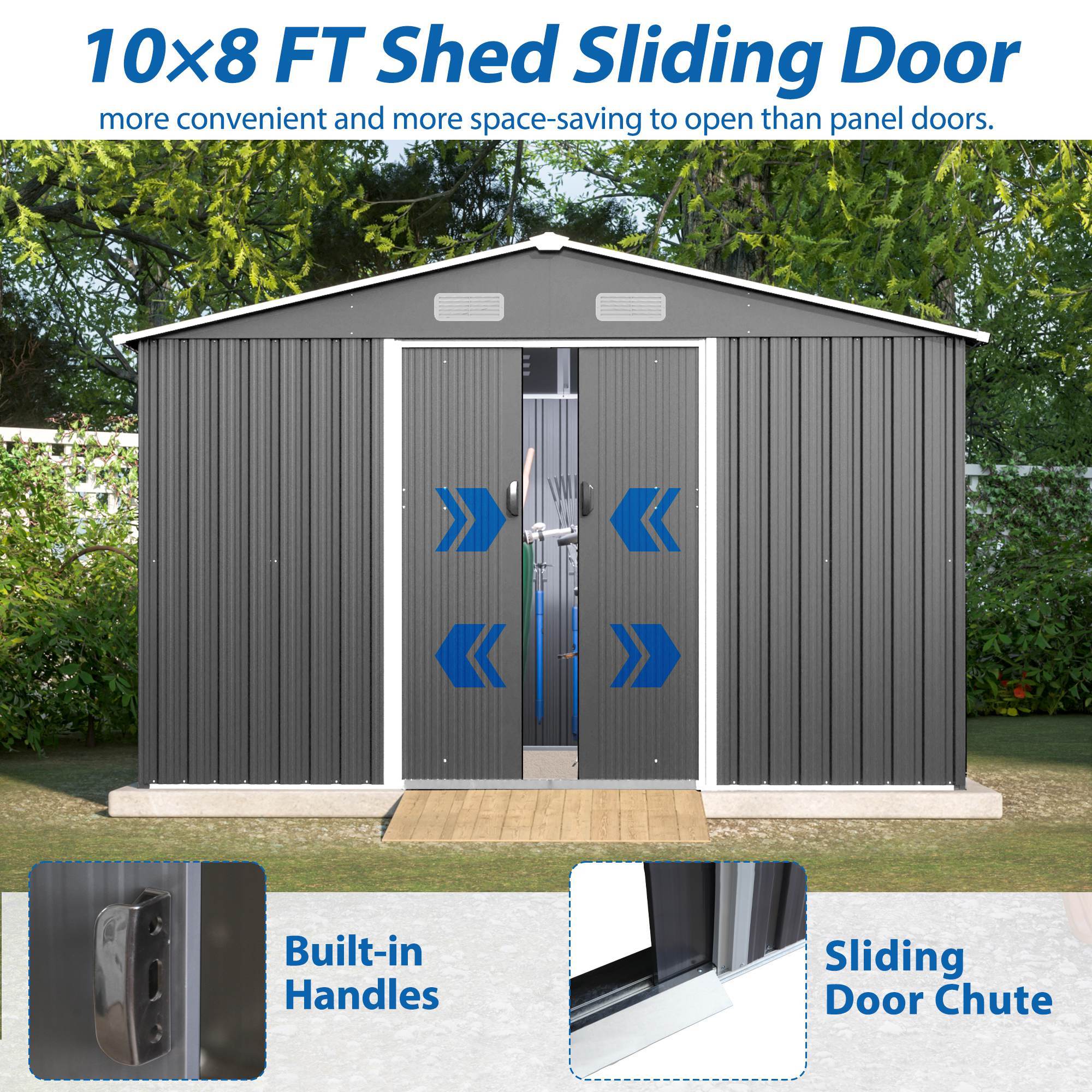 1911972761782456320 10x8 ft outdoor storage shed, metal foundation & lockable doors, tool shed for garden, patio, backyard, lawn, grey