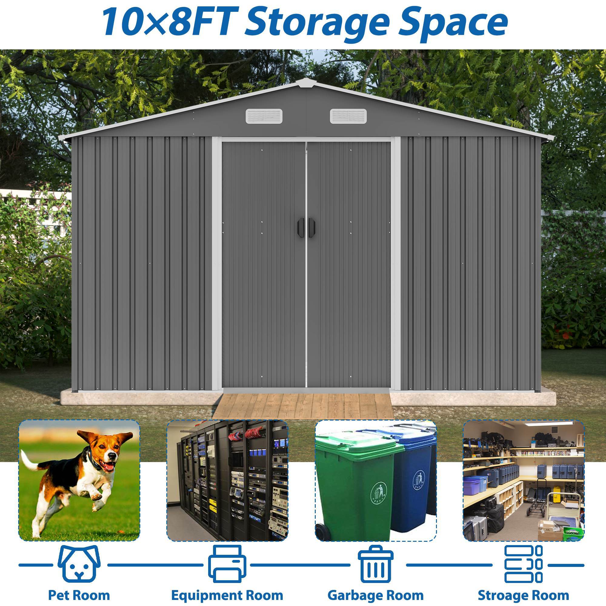 1911972762529042432 10x8 ft outdoor storage shed, metal foundation & lockable doors, tool shed for garden, patio, backyard, lawn, grey