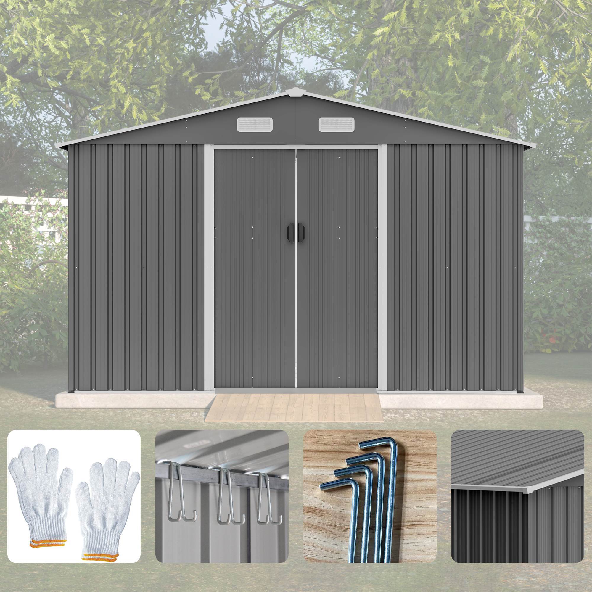 1911972763237879808 10x8 ft outdoor storage shed, metal foundation & lockable doors, tool shed for garden, patio, backyard, lawn, grey