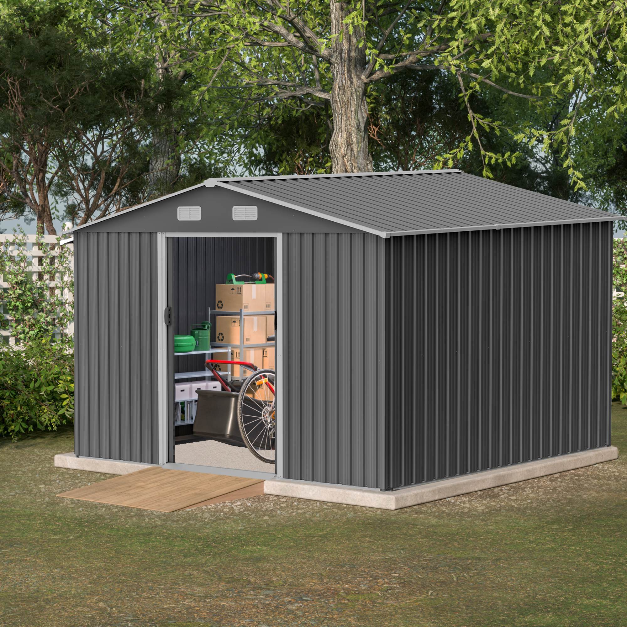 1911972763720224768 10x8 ft outdoor storage shed, metal foundation & lockable doors, tool shed for garden, patio, backyard, lawn, grey