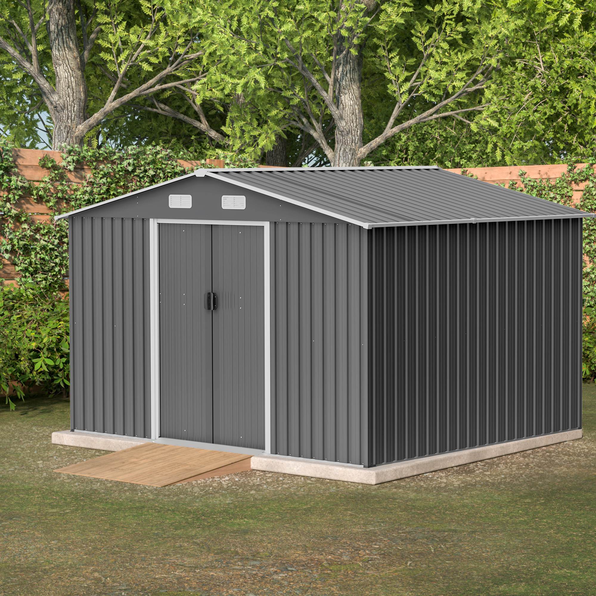 1911972764563279872 10x8 ft outdoor storage shed, metal foundation & lockable doors, tool shed for garden, patio, backyard, lawn, grey