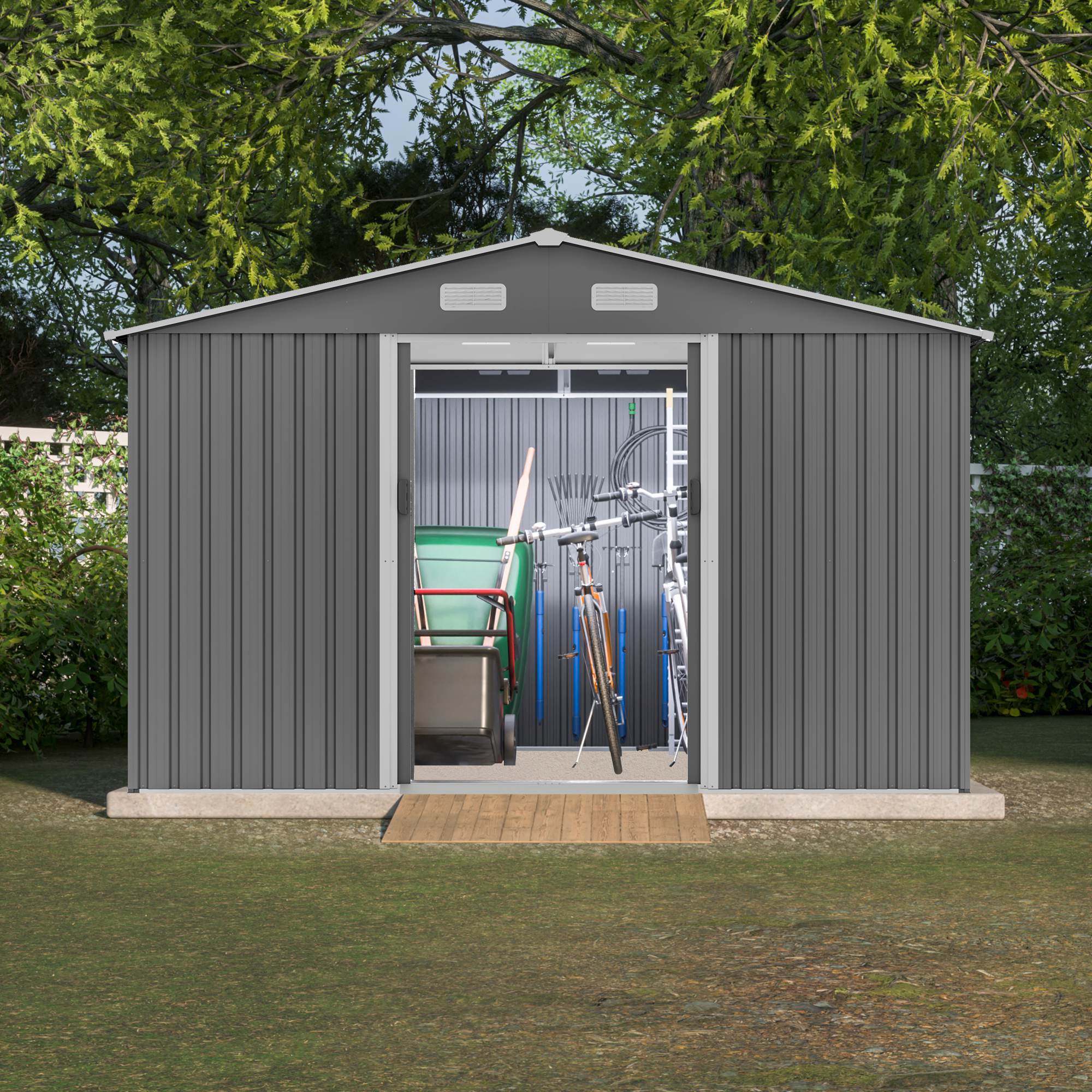 1911972765993537536 10x8 ft outdoor storage shed, metal foundation & lockable doors, tool shed for garden, patio, backyard, lawn, grey