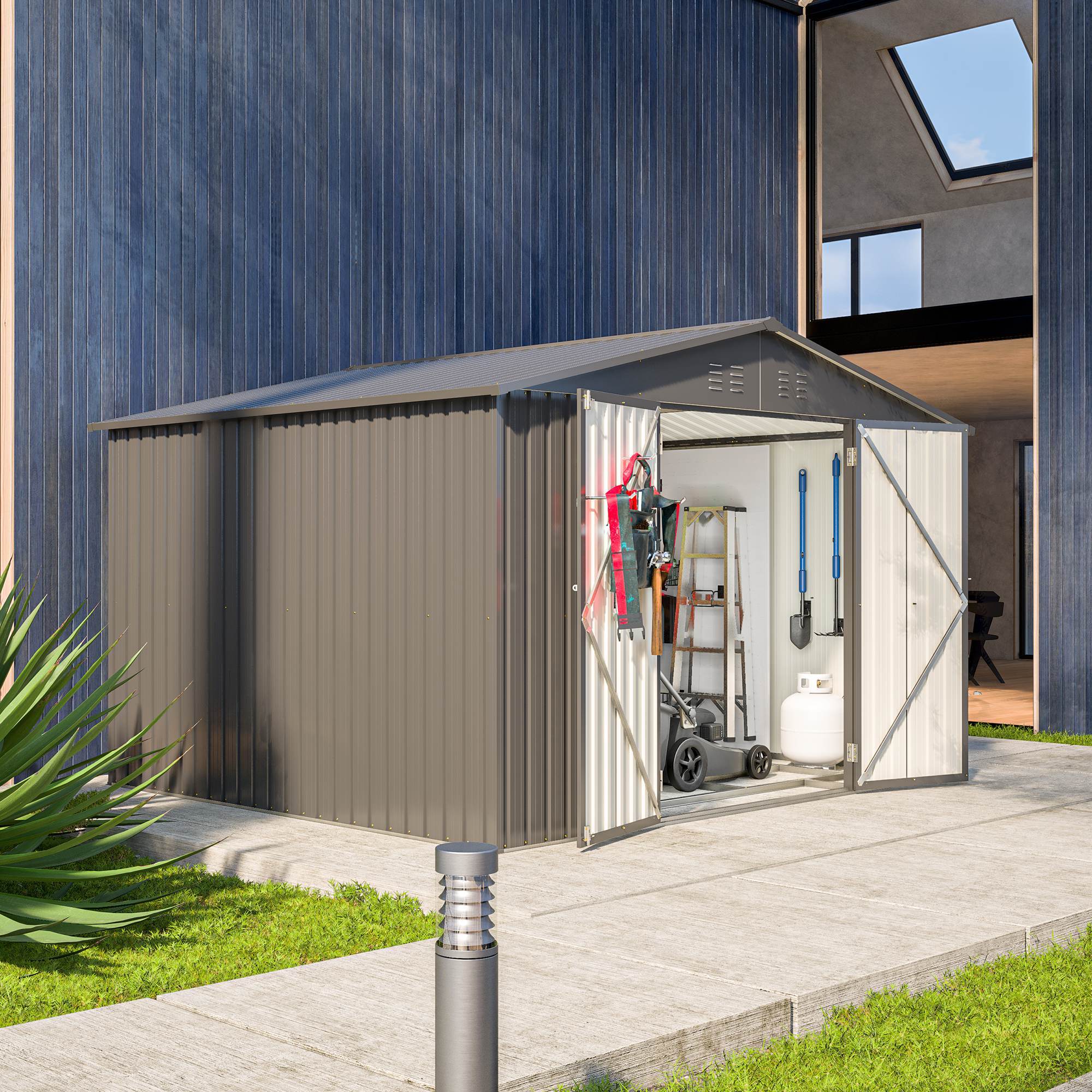 1914236267546284032 10x8 ft outdoor storage shed, all weather metal sheds with lockable doors, tool shed for garden, patio, backyard, lawn, black