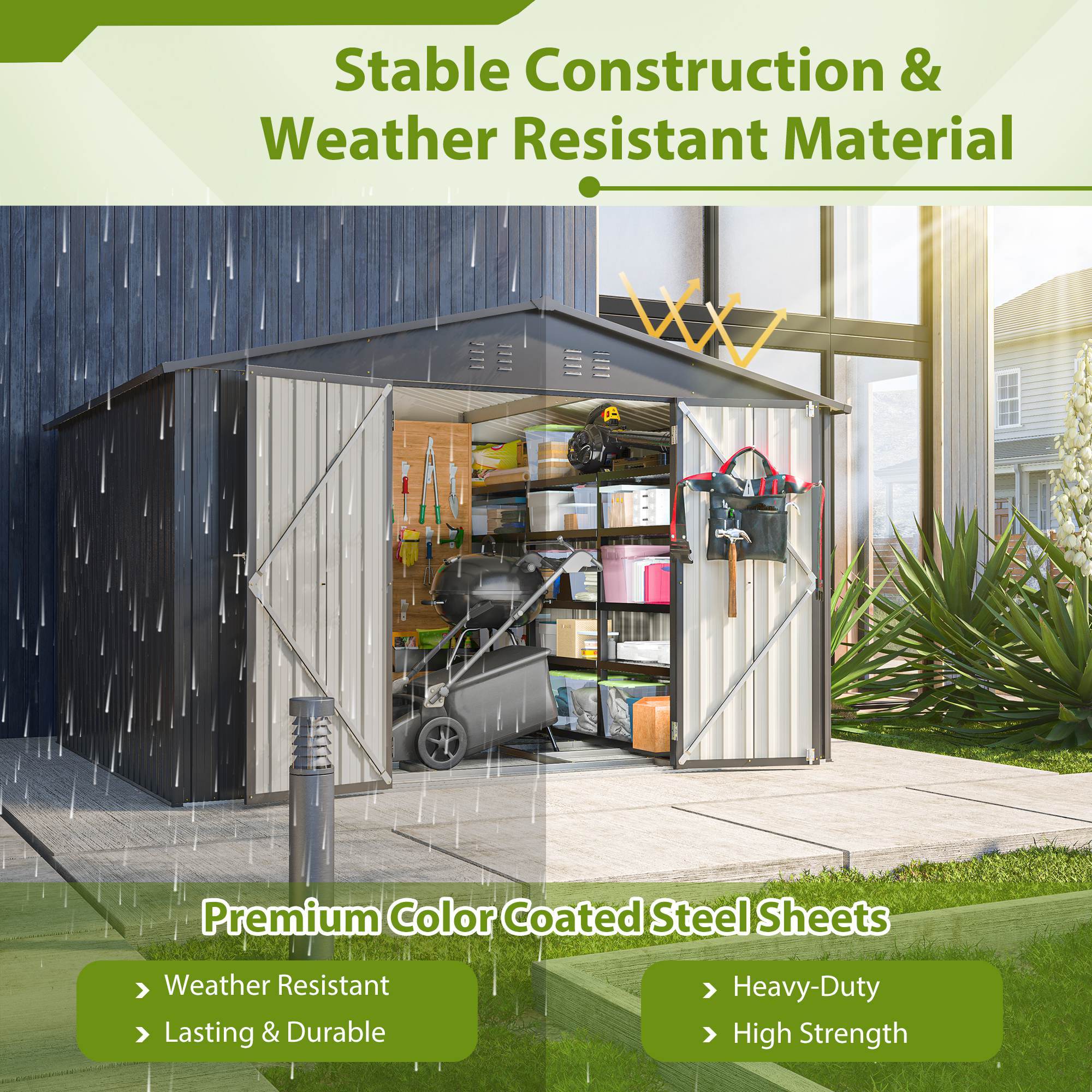1914236271132413952 10x8 ft outdoor storage shed, all weather metal sheds with lockable doors, tool shed for garden, patio, backyard, lawn, black