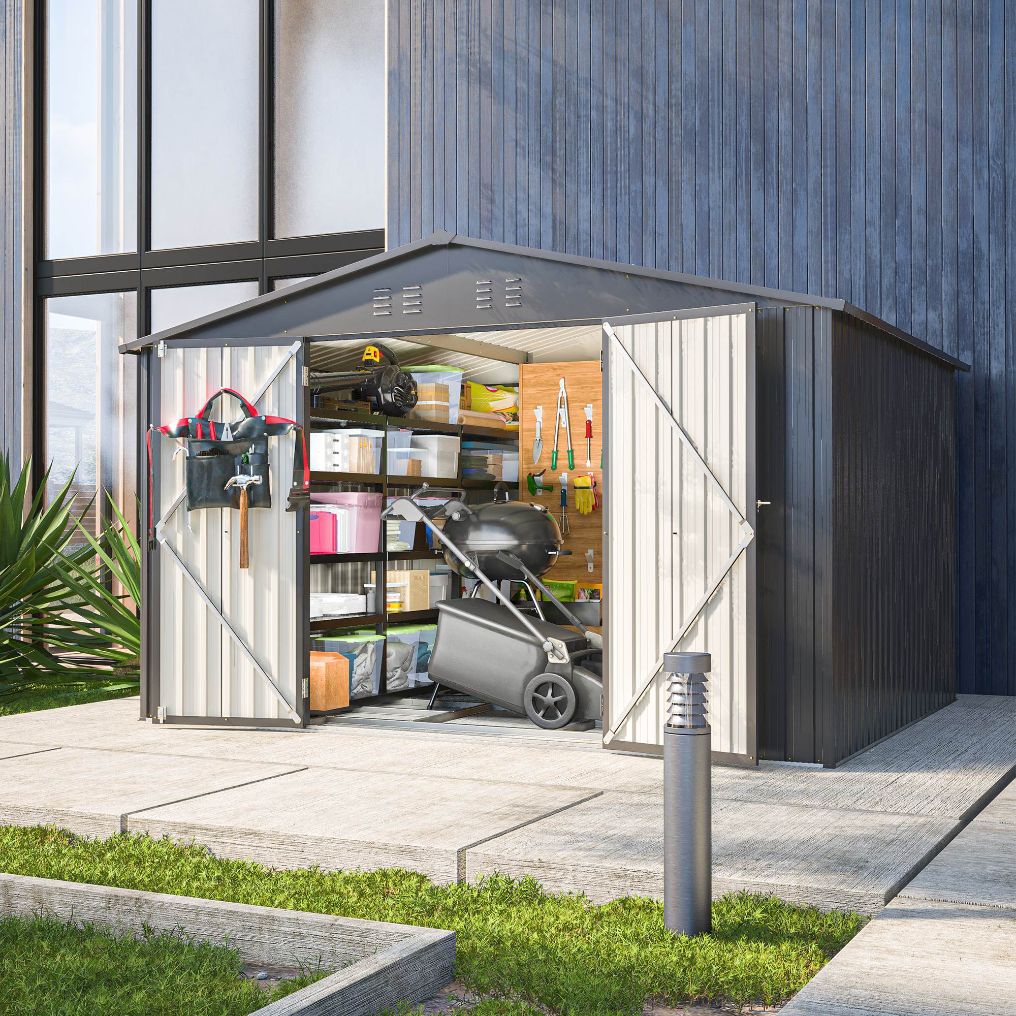 1914236280452157440 10x8 ft outdoor storage shed, all weather metal sheds with lockable doors, tool shed for garden, patio, backyard, lawn, black