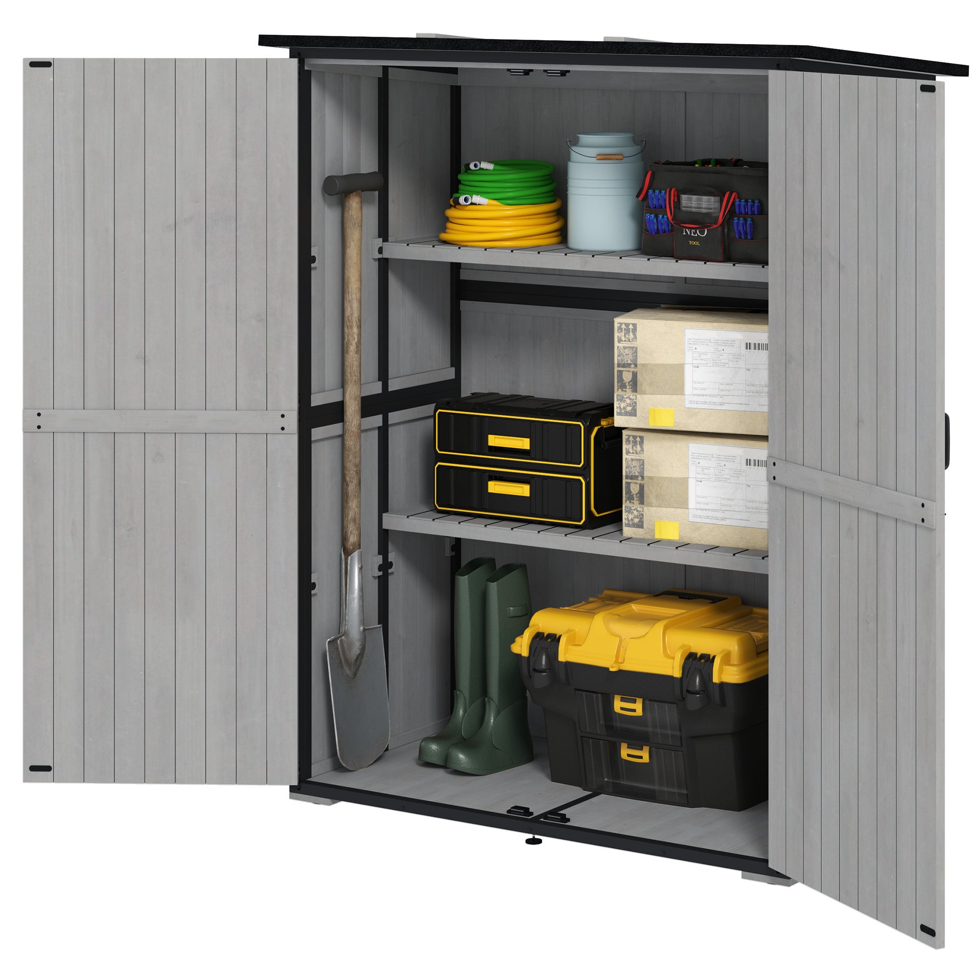 outdoor wooden garden storage shed with lockable doors & shelves
