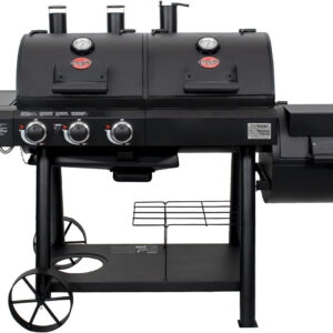 char griller texas trio 3 burner dual fuel grill with smoker