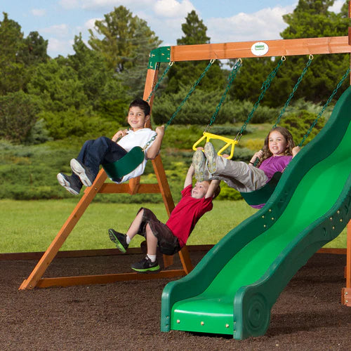 65413B-Lifestyle1 backyard discovery shenandoah cedar wood swing set slide