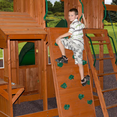 65413B-Lifestyle2 backyard discovery shenandoah cedar wood swing set slide
