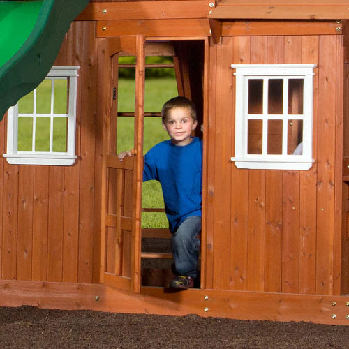 65413B-Lifestyle3 backyard discovery shenandoah cedar wood swing set slide