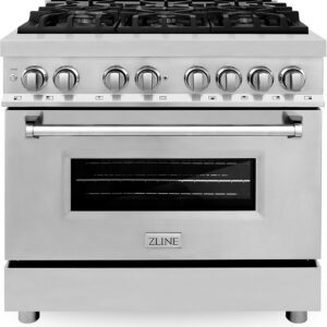 Home zline 36 in. 4.6 cu. ft. legacy dual fuel range with 6 burner gas cooktop and electric convection oven in stainless steel (ra36)