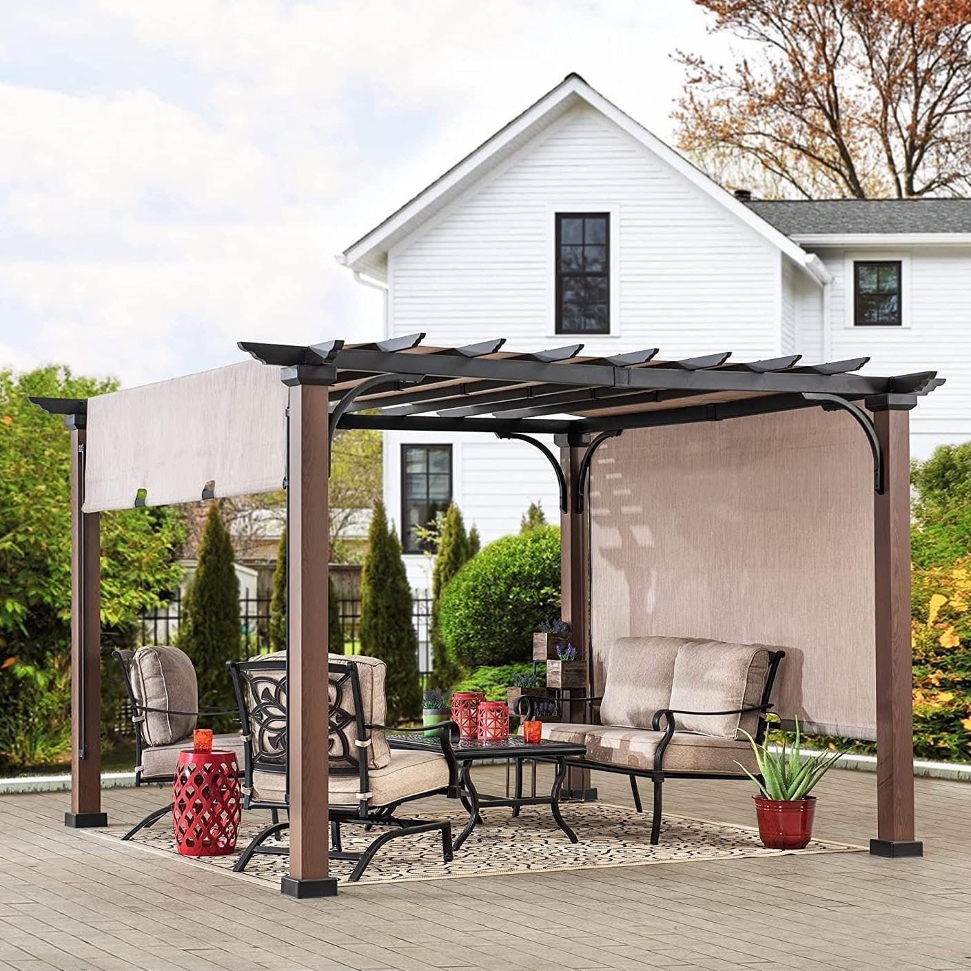 sunjoy 11 x 11 ft metal pergola with adjustable tan garden shade