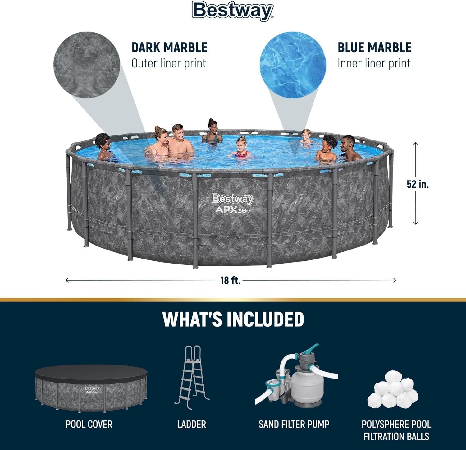 81D4JmWGToL._AC_SL1500 bestway apx 365 18’x52″ round above ground swimming pool set with pump & ladder
