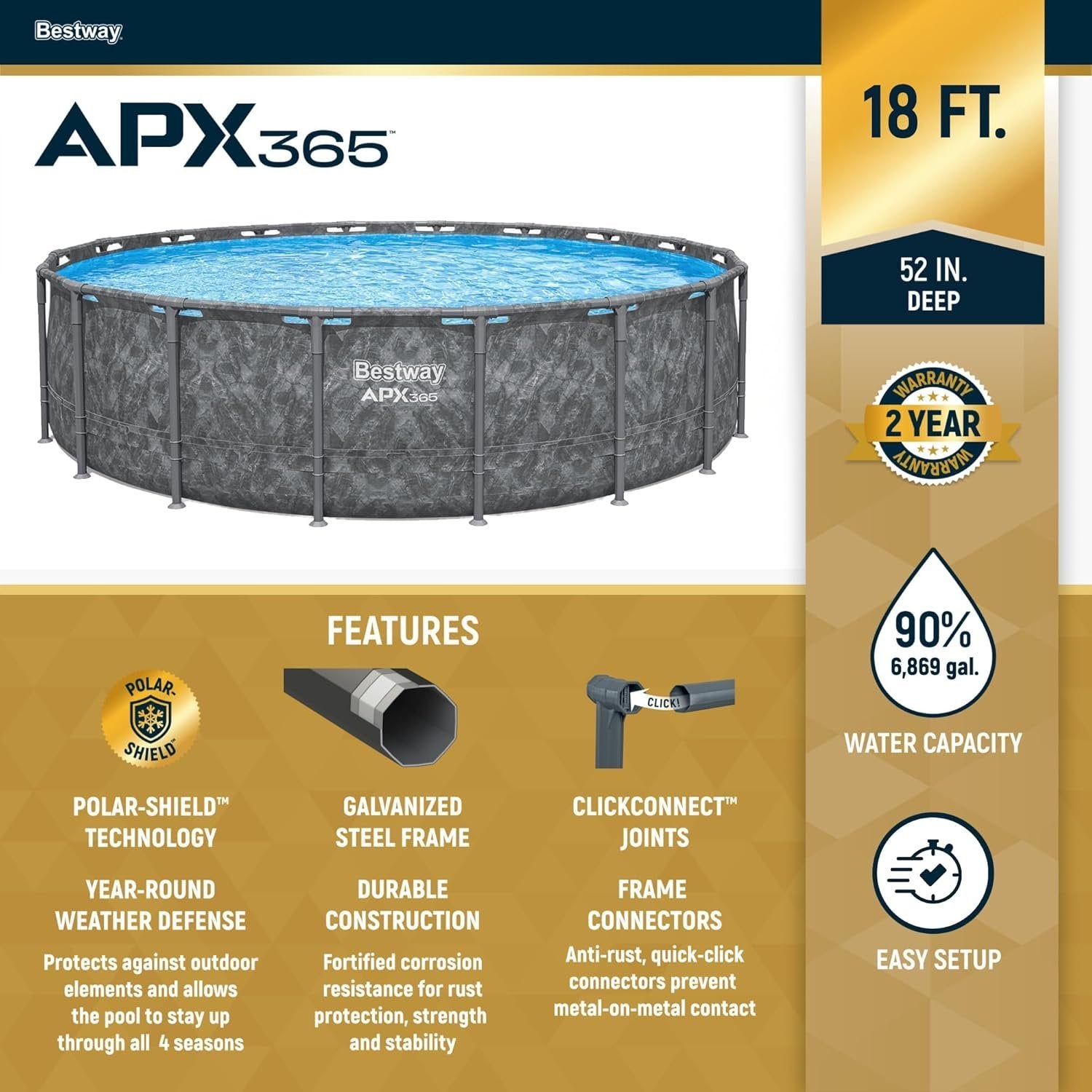 81hCx0mSH9L._AC_SL1500 bestway apx 365 18’x52″ round above ground swimming pool set with pump & ladder