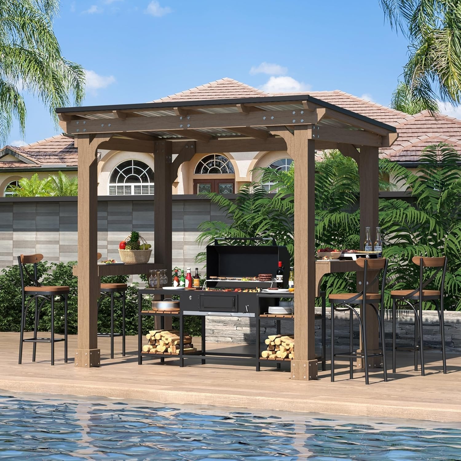 veikous d wooden grill gazebo outdoor with steel roof