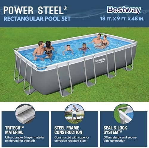 B01MUBPC34-1-1755894340432 bestway power steel 18′ x 9′ x 48″ rectangular metal frame above ground outdoor swimming pool set with 1,500 gph filter pump, ladder, and pool cover