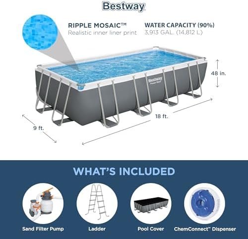 B01MUBPC34-2-1755894340432 bestway power steel 18′ x 9′ x 48″ rectangular metal frame above ground outdoor swimming pool set with 1,500 gph filter pump, ladder, and pool cover