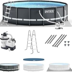intex ultra xtr frame 14′ x 42″ round above ground outdoor swimming pool set with sand filter pump, ladder, ground cloth, and pool cover