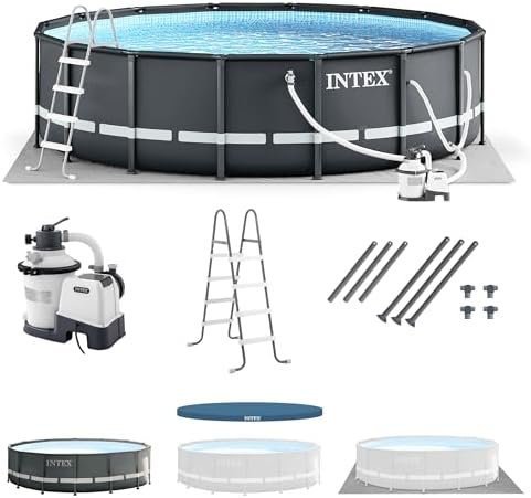 B08RZCQ77J-0-1755895123326 intex ultra xtr frame 14′ x 42″ round above ground outdoor swimming pool set with sand filter pump, ladder, ground cloth, and pool cover