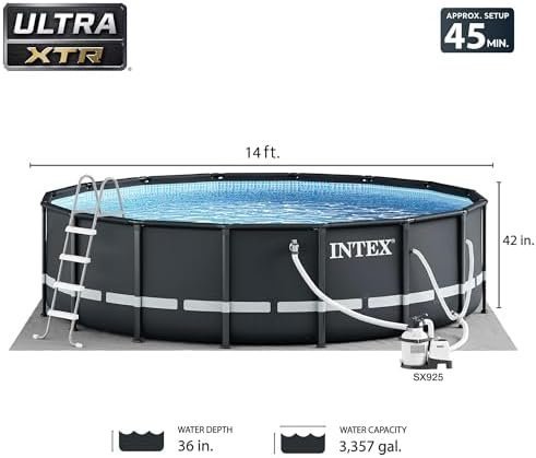 B08RZCQ77J-1-1755895123326 intex ultra xtr frame 14′ x 42″ round above ground outdoor swimming pool set with sand filter pump, ladder, ground cloth, and pool cover