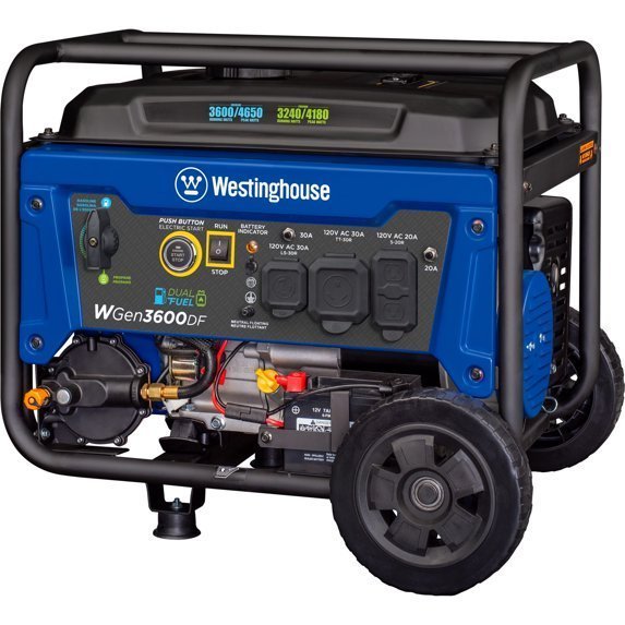 westinghouse 4650 peak watt dual fuel portable generator, remote electric start, rv ready outlet