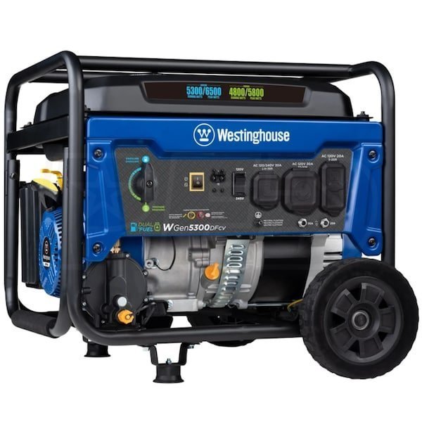 westinghouse wgen5300dfcv – 5300 watt dual fuel portable generator w/ rv outlet & co sensor (49 state)